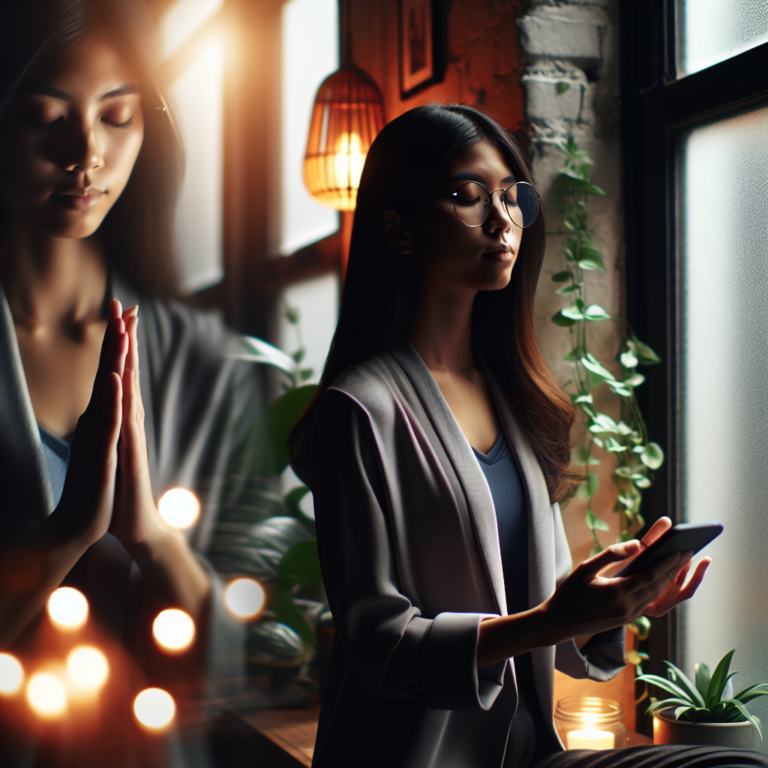 A cinematic editorial photo of a thoughtful young professional stepping away from a glowing smartphone screen, surrounded by natural light and cozy indoor plants, symbolizing balance between digital engagement and mindful digital detoxing.