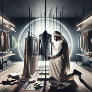 A cinematic editorial-style photograph of a modern fashion designer examining a limited, sustainable clothing collection in a sleek studio, surrounded by minimalist racks with carefully curated garments, soft natural light highlighting textures and eco-friendly materials, evoking a thoughtful balance between innovation, sustainability, and profitability in the fashion industry.
