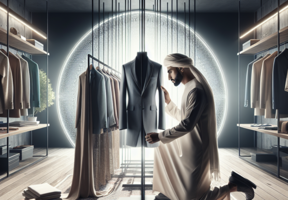 A cinematic editorial-style photograph of a modern fashion designer examining a limited, sustainable clothing collection in a sleek studio, surrounded by minimalist racks with carefully curated garments, soft natural light highlighting textures and eco-friendly materials, evoking a thoughtful balance between innovation, sustainability, and profitability in the fashion industry.