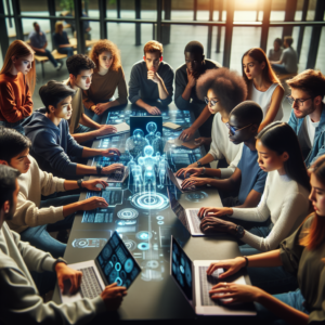 A cinematic, editorial-style photo of diverse college students collaborating over laptops and futuristic AI holograms in a modern North Carolina university campus study space, with dynamic natural lighting highlighting their focused expressions and innovative teamwork.