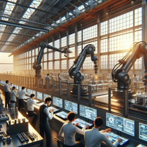 A cinematic, editorial-style image of a modern industrial manufacturing facility in India featuring advanced automation robots and engineers collaborating with digital control panels, illuminated by warm natural light through large factory windows, capturing innovation and growth in manufacturing.