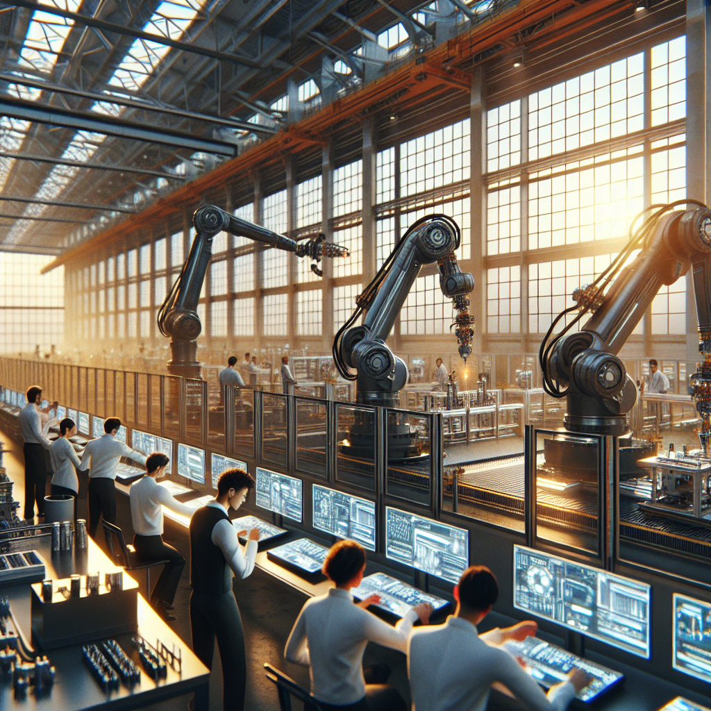 A cinematic, editorial-style image of a modern industrial manufacturing facility in India featuring advanced automation robots and engineers collaborating with digital control panels, illuminated by warm natural light through large factory windows, capturing innovation and growth in manufacturing.