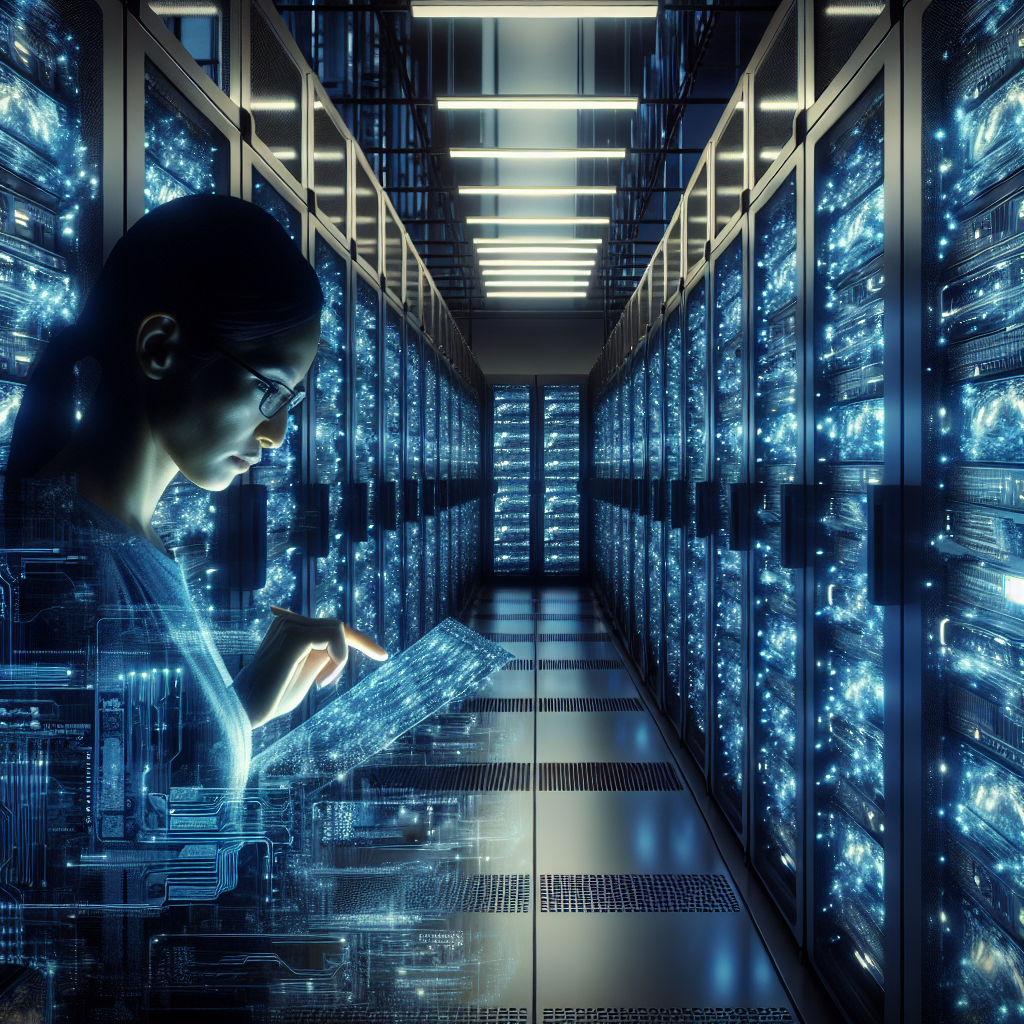 A dramatic close-up of a futuristic supercomputer server room bathed in cool blue lighting, with rows of illuminated racks and complex circuitry glowing, as a focused scientist in silhouette monitors streams of dynamic AI data on multiple holographic displays, conveying the immense power and cutting-edge technology driving AI innovation.