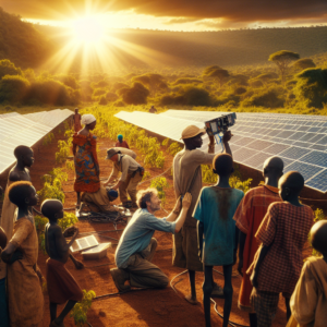 A cinematic editorial photo of African solar engineers installing large solar panels in a sunlit rural landscape, with local community members observing and lush greenery around, symbolizing sustainable energy and community empowerment.