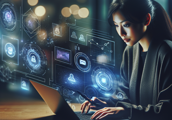 A cinematic editorial-style image showing a focused marketer working on a sleek laptop amidst a dimly lit modern office, with floating holographic AI data visualizations and abstract email icons subtly integrated around to symbolize AI-driven email marketing innovation for 2026.