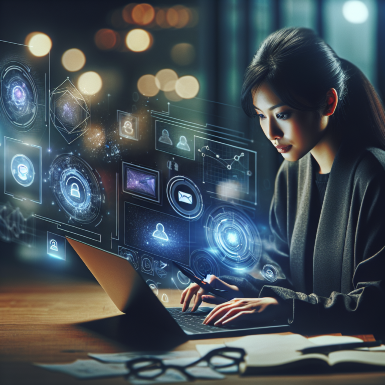 A cinematic editorial-style image showing a focused marketer working on a sleek laptop amidst a dimly lit modern office, with floating holographic AI data visualizations and abstract email icons subtly integrated around to symbolize AI-driven email marketing innovation for 2026.