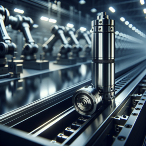 Close-up cinematic shot of a sleek aluminum rotary pneumatic cylinder installed within a modern, high-tech industrial automation assembly line, highlighting precise mechanical details and subtle reflections under dramatic factory lighting, with blurred background of robotic arms and conveyor belts in motion.