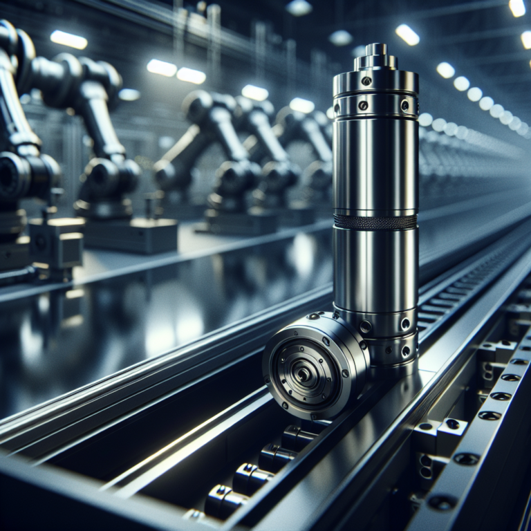 Close-up cinematic shot of a sleek aluminum rotary pneumatic cylinder installed within a modern, high-tech industrial automation assembly line, highlighting precise mechanical details and subtle reflections under dramatic factory lighting, with blurred background of robotic arms and conveyor belts in motion.