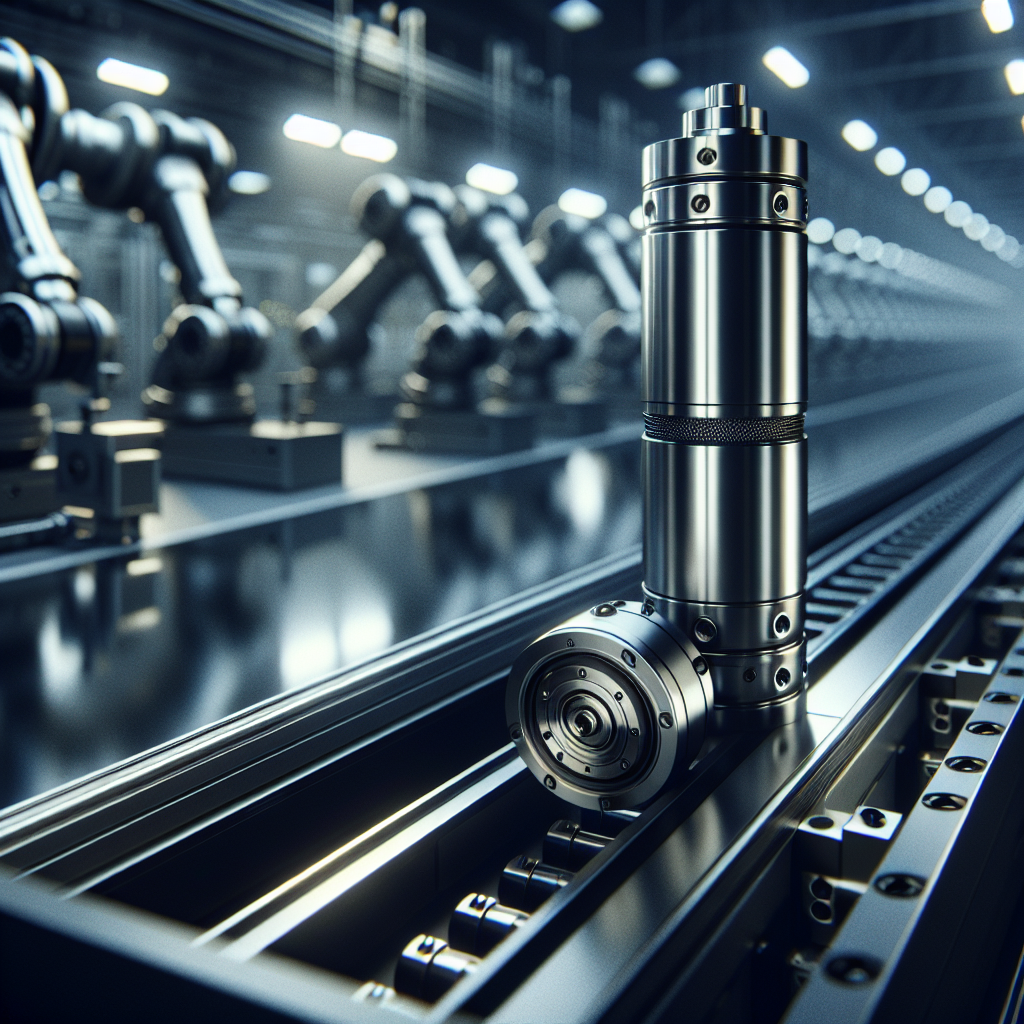 Close-up cinematic shot of a sleek aluminum rotary pneumatic cylinder installed within a modern, high-tech industrial automation assembly line, highlighting precise mechanical details and subtle reflections under dramatic factory lighting, with blurred background of robotic arms and conveyor belts in motion.
