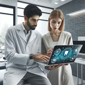 A modern dental office setting with a confident dentist and marketing professional collaborating over a laptop displaying digital analytics and social media icons, bathed in natural light with a sleek, professional atmosphere conveying growth, technology, and patient engagement.