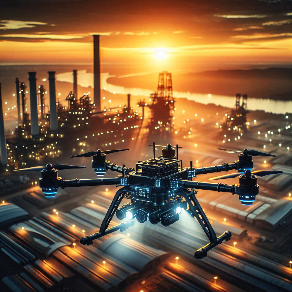 A cinematic aerial view of a custom industrial drone equipped with advanced sensors and cameras flying over a vast industrial site at golden hour, highlighting cutting-edge technology in automation and innovation.