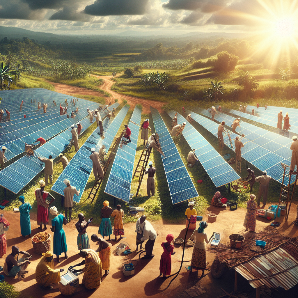 A cinematic editorial photograph of African solar technicians installing sleek, high-efficiency solar panels under a bright sun in a rural village, with vibrant local community members nearby and vast green landscapes stretching into the distance, symbolizing sustainable innovation and positive environmental impact.