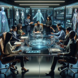 A cinematic scene of a diverse group of professionals engaged in a high-tech conference setting, featuring futuristic holographic AI interfaces and dynamic lighting that highlights innovation and collaboration.