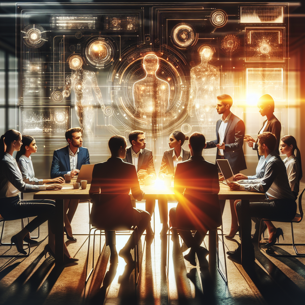 A diverse group of professionals collaborating seamlessly around a modern office table, illuminated by warm natural light, with holographic AI-generated workflow diagrams and digital task automation interfaces subtly overlaid in the background, capturing the fusion of teamwork and intelligent automation in a sleek, cinematic style.