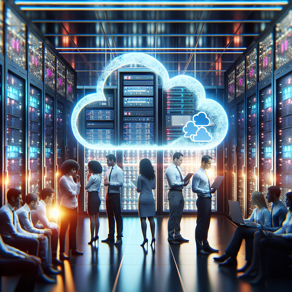 A cinematic editorial photo of a sleek modern data center with glowing server racks and dynamic cloud-shaped digital overlays representing AI workflows, with subtle hints of Amazon Web Services branding in the environment's lighting and a diverse team of professionals collaborating in the background.