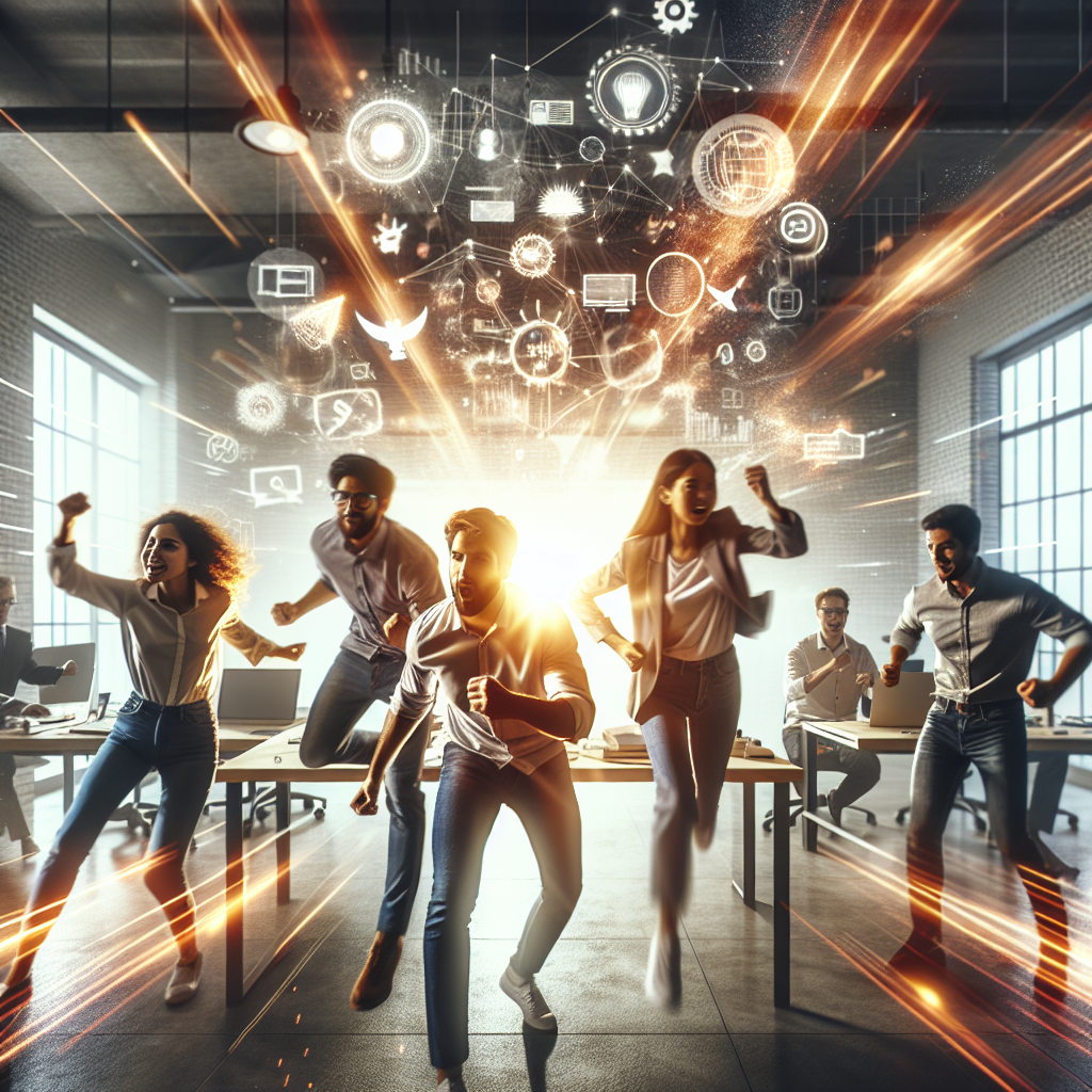 A dynamic, cinematic editorial image showing a diverse group of young Indian entrepreneurs collaborating energetically in a modern, sunlit co-working space filled with digital devices and startup brainstorming visuals, symbolizing innovation and the vibrant growth of India’s startup ecosystem driving the nation toward a developed "Viksit Bharat."