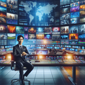 A cinematic editorial image of a confident South Korean entertainment executive standing poised in a sleek, modern global media control room with multiple large screens displaying world maps and dynamic visuals of film, music, and digital platforms, symbolizing CJ ENM's ambitious 2026 global expansion and cultural influence in the entertainment industry.