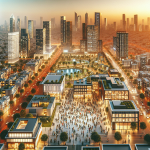 A dynamic aerial view of a modern Indian city’s bustling startup district at golden hour, with diverse entrepreneurs collaborating in stylish co-working spaces and futuristic office buildings glowing with vibrant activity, capturing the energy and optimism of India’s thriving innovation ecosystem and government-supported growth surge.