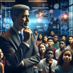 A cinematic editorial-style image of Prime Minister Narendra Modi thoughtfully addressing a diverse group of enthusiastic Indian students in a modern tech lab filled with AI-inspired holographic displays and digital data visuals, symbolizing innovation, leadership, and the future of artificial intelligence in India.