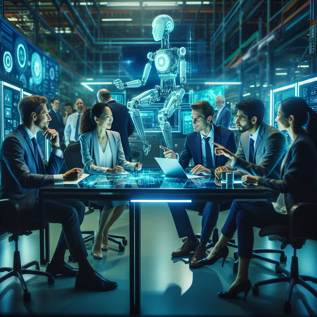 A dynamic, cinematic conference scene showing diverse professionals engaged in lively discussion and collaboration around futuristic AI technology displays and robotics prototypes within a modern, high-tech workshop environment illuminated by cool blue and green lighting.