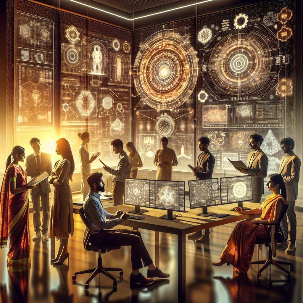 A cinematic editorial photograph of a diverse group of Indian AI innovators collaborating intensely around futuristic transparent digital screens displaying abstract data and patent diagrams, set in a modern high-tech office with warm, dramatic lighting and glimpses of Indian cultural elements subtly integrated in the background.