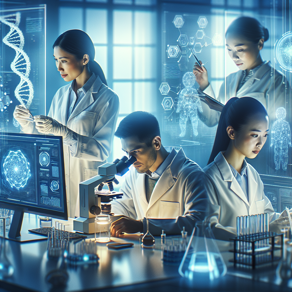 A cinematic editorial image of a diverse team of scientists and data analysts collaborating in a modern biotech lab, illuminated by soft blue and white lighting, with holographic AI data visualizations and interconnected digital nodes floating around them, symbolizing advanced AI workflows and linked data transforming the future of biopharma.