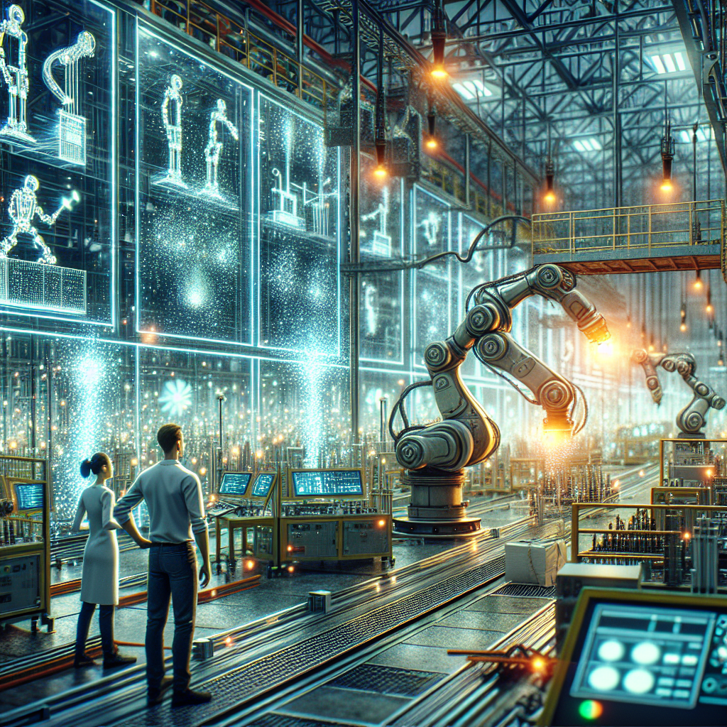 A cinematic editorial image of a modern industrial factory floor with robotic arms and collaborative robots operating alongside human technicians amidst sleek machinery and glowing digital interfaces, conveying advanced automation and futuristic manufacturing technology.