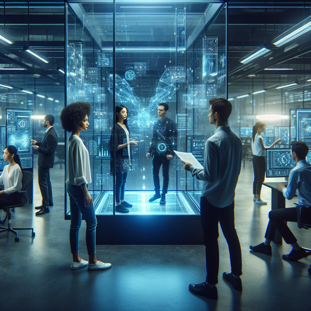 A cinematic editorial photo of a futuristic high-tech lab interior with researchers collaborating around advanced AI and mathematical optimization visualizations on transparent digital screens, illuminated by cool blue lighting, conveying innovation and leadership in artificial intelligence development.