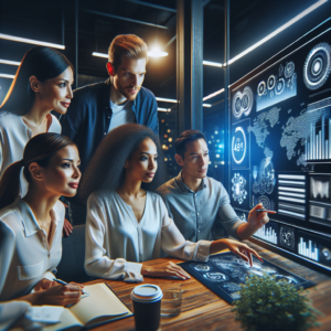 A diverse marketing team collaborating around a sleek digital dashboard displaying dynamic AI-generated data and creative campaign visuals in a modern office with cinematic lighting and a focused, innovative atmosphere.