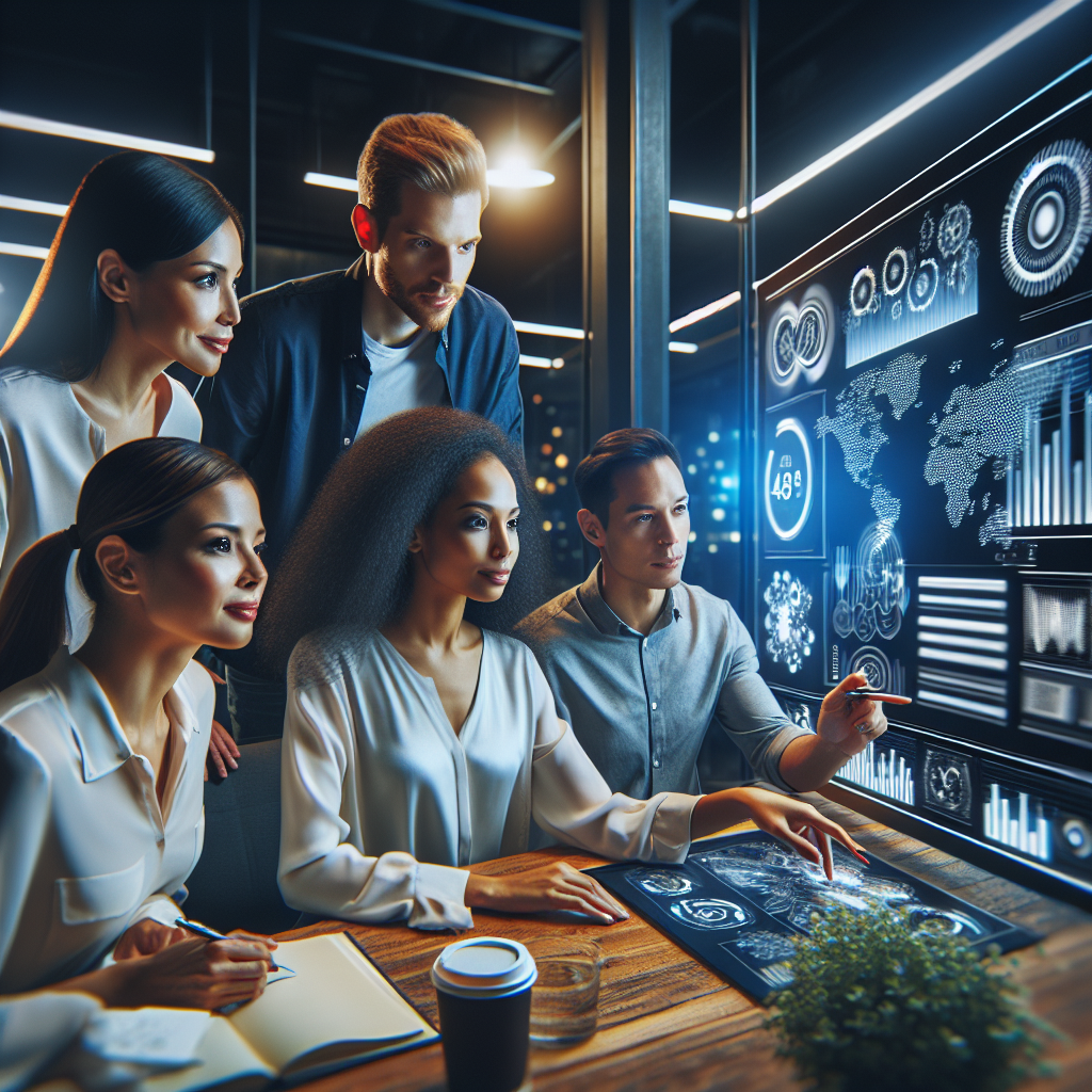 A diverse marketing team collaborating around a sleek digital dashboard displaying dynamic AI-generated data and creative campaign visuals in a modern office with cinematic lighting and a focused, innovative atmosphere.
