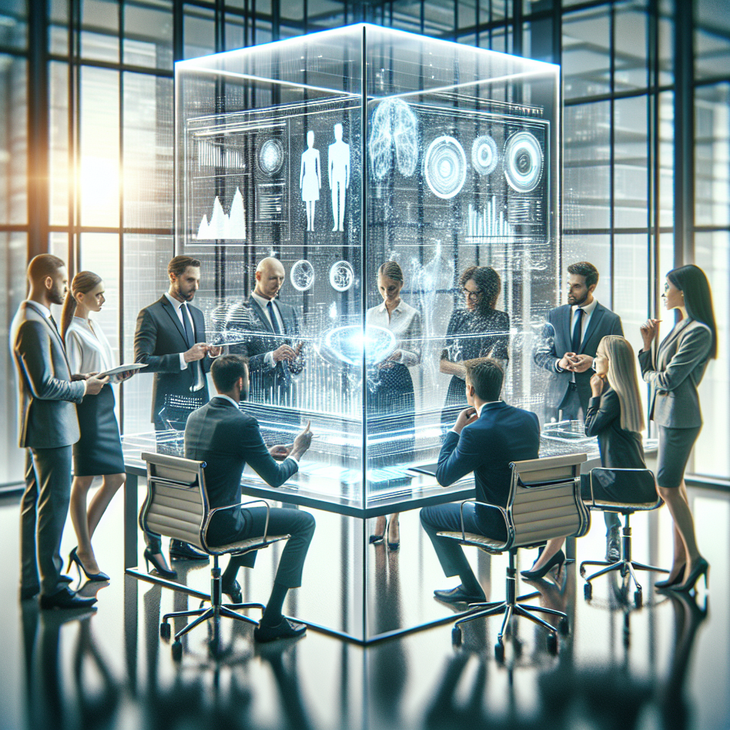 A cinematic editorial image of a diverse team of business professionals collaborating around a sleek, transparent digital interface displaying futuristic AI data visualizations and graphs in a modern, bright office, symbolizing innovation and the transformative impact of artificial intelligence on business growth.