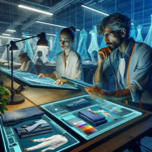 A cinematic editorial photo of a fashion designer and factory worker collaborating in a modern sustainable garment workshop, surrounded by eco-friendly fabrics and digital design screens, symbolizing the balance of innovation, profitability, and environmental responsibility in the fashion industry.