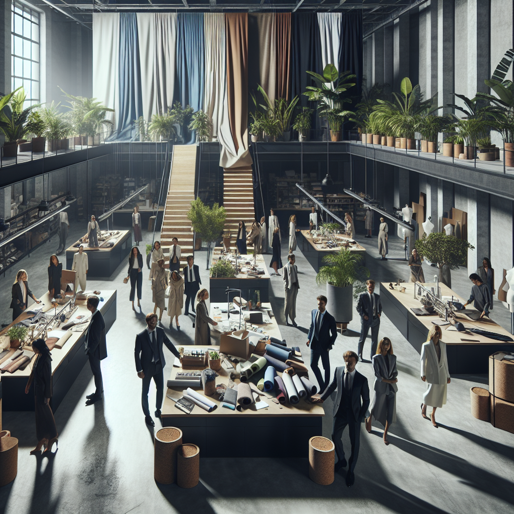 A cinematic editorial photograph of a diverse group of fashion designers and business professionals collaborating in a modern studio surrounded by sustainable fabrics, plants, and eco-friendly materials, symbolizing the balance between profitability and environmental responsibility.