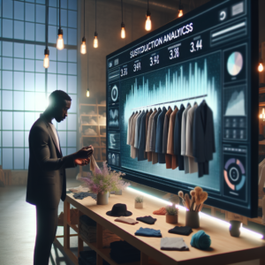 A cinematic editorial image of a fashion designer examining a small, carefully curated clothing collection in a bright, modern studio filled with sustainable fabric samples and digital production analytics on a sleek screen, symbolizing smart, responsible fashion production balancing style, profit, and sustainability.