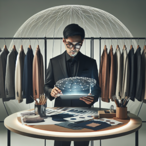 A cinematic editorial photo of a modern fashion designer in a sleek studio, surrounded by minimalist clothing racks with limited, high-quality garments, thoughtfully examining fabric samples and digital inventory data on a tablet, symbolizing sustainable fashion innovation and smart production strategies.
