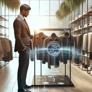 A cinematic editorial photo of a sleek fashion showroom with racks of clothing, featuring a thoughtful designer evaluating a minimalist capsule collection under soft natural light, symbolizing sustainable innovation and balanced profitability in the fashion industry.