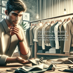 A cinematic editorial photo of a thoughtful fashion designer reviewing a small, curated clothing collection in a modern studio filled with sustainable materials, soft natural light highlighting details, conveying careful production and mindful creativity balancing style and responsibility.