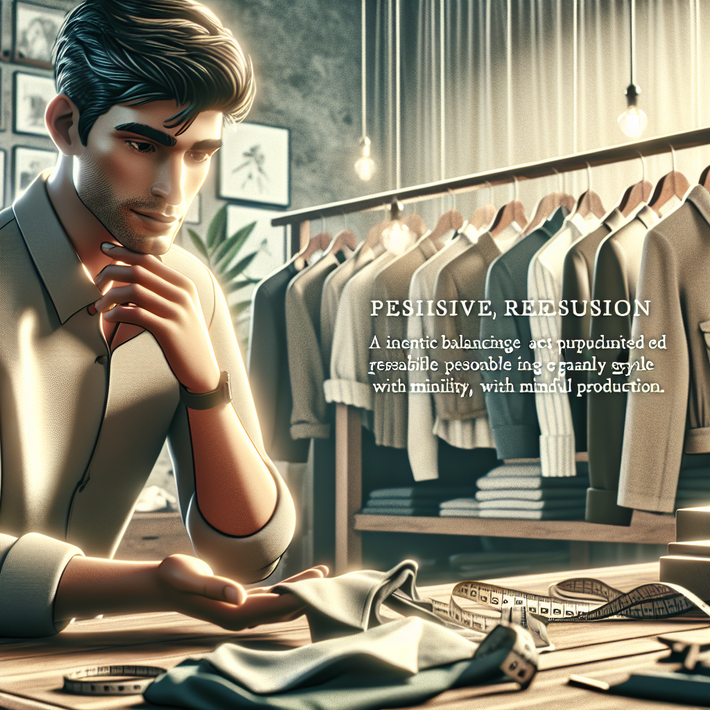 A cinematic editorial photo of a thoughtful fashion designer reviewing a small, curated clothing collection in a modern studio filled with sustainable materials, soft natural light highlighting details, conveying careful production and mindful creativity balancing style and responsibility.