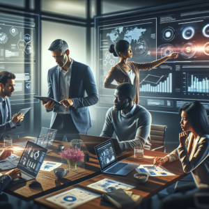 A cinematic editorial image showing a diverse marketing team collaborating intensely in a modern office, surrounded by digital screens displaying dynamic email campaign analytics and vibrant TikTok-inspired short video previews, with subtle visual hints of global trade impacts like shipping containers and tariff documents blurred in the background.
