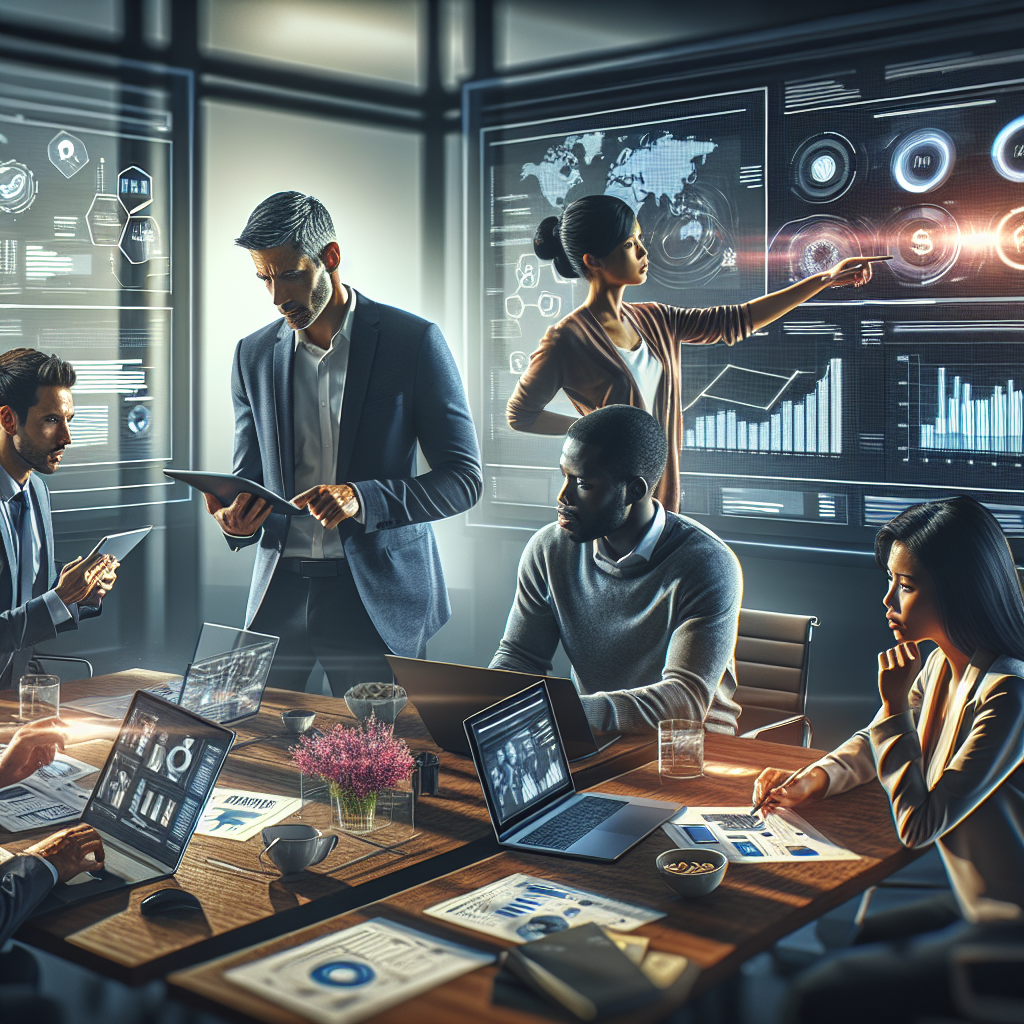 A cinematic editorial image showing a diverse marketing team collaborating intensely in a modern office, surrounded by digital screens displaying dynamic email campaign analytics and vibrant TikTok-inspired short video previews, with subtle visual hints of global trade impacts like shipping containers and tariff documents blurred in the background.