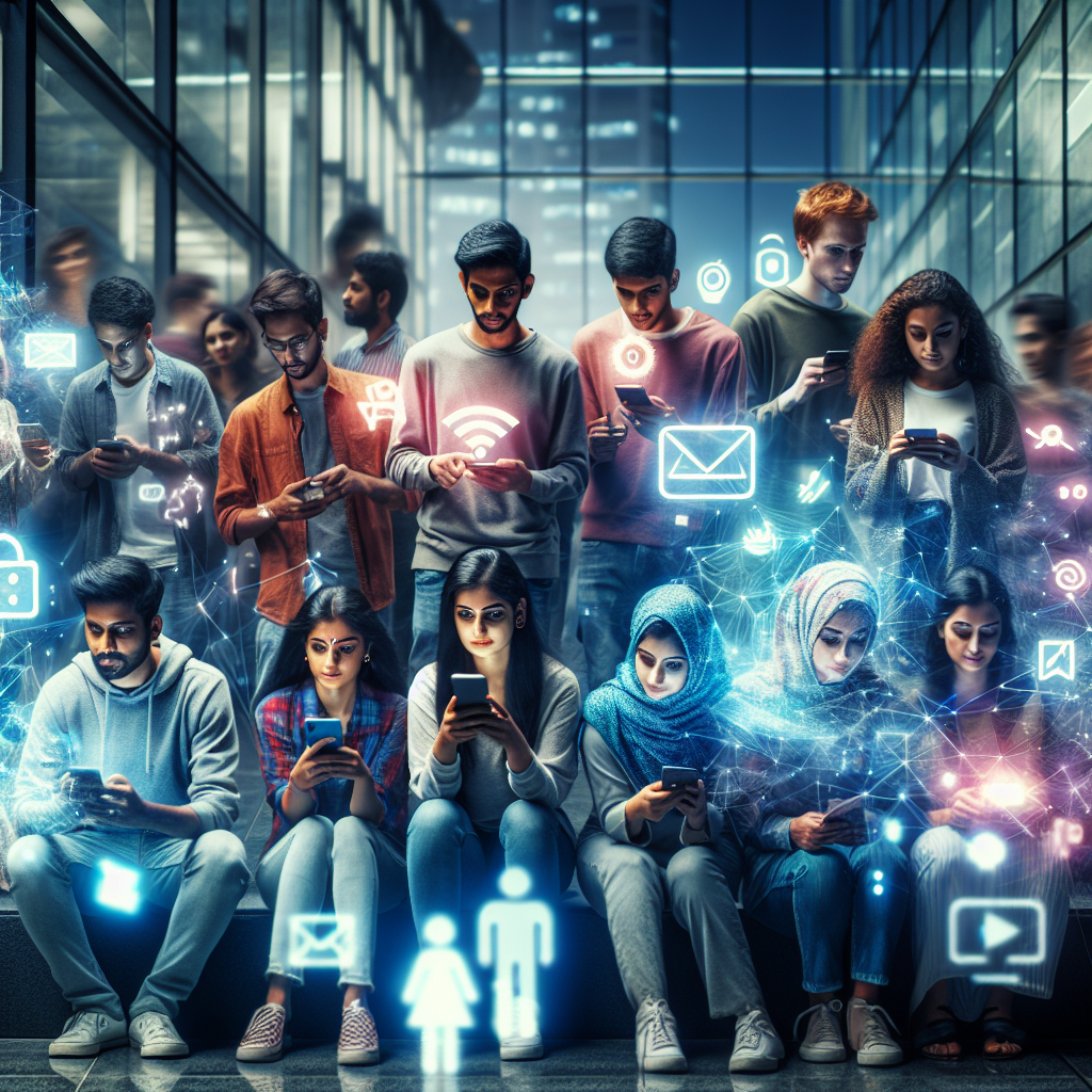 Cinematic editorial photo of a diverse group of young people engaging with digital devices like smartphones and tablets in a modern urban setting, surrounded by subtle glowing holographic icons representing streaming, social media, and interactive media, capturing the dynamic energy of India’s youth embracing digital content innovation.