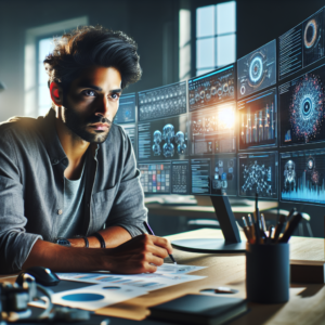 A focused content strategist working thoughtfully at a modern desk with multiple screens displaying abstract AI data visualizations and content calendars, bathed in cinematic natural light to evoke clarity and controlled creativity without overwhelm.