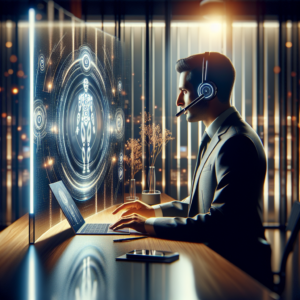 A sleek modern workspace featuring a glowing laptop screen displaying a futuristic interface with abstract digital AI elements subtly integrated into the Windows 11 desktop environment, soft cinematic lighting highlighting a confident professional using voice commands with a headset, conveying intelligent AI assistance transforming productivity and collaboration.