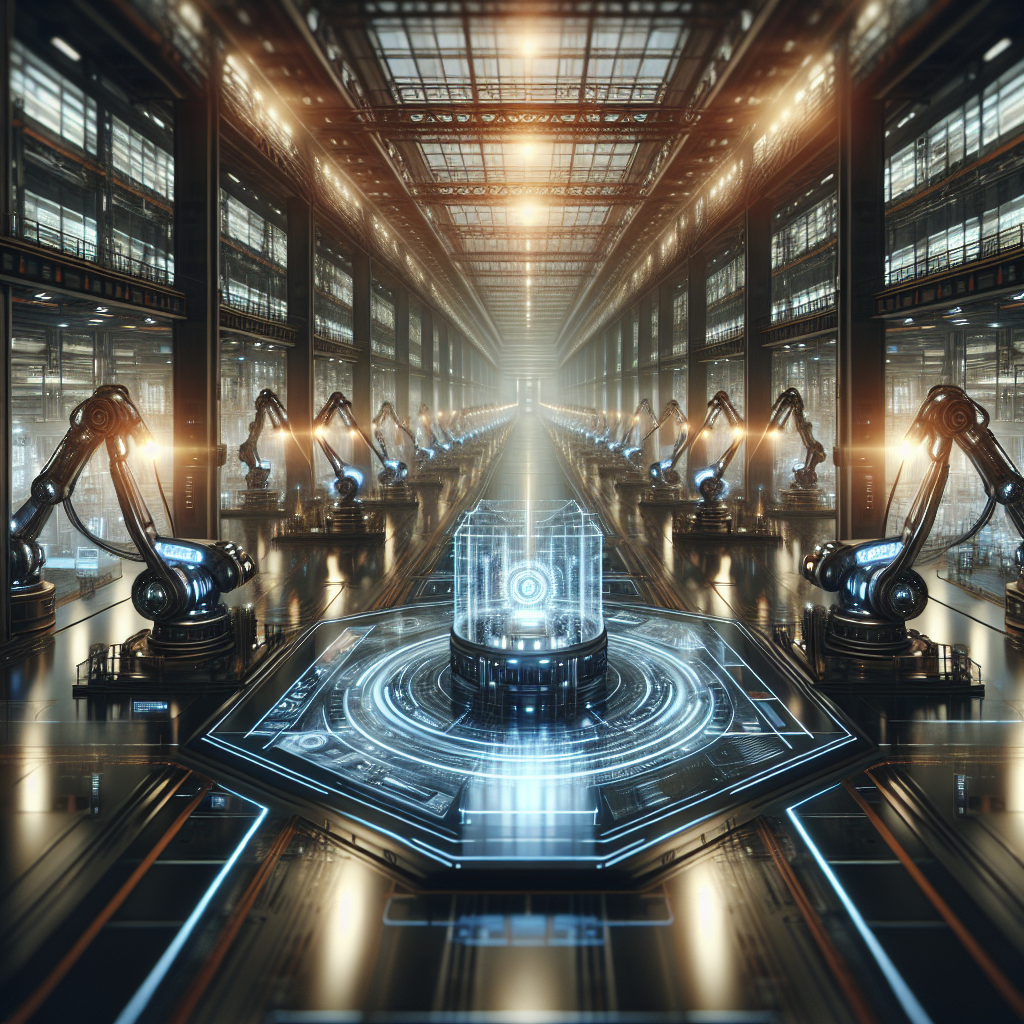 A cinematic, high-tech industrial factory interior with multiple sleek robotic arms and automated machines working in harmony under dramatic lighting, featuring a central control hub with holographic interfaces and data visuals subtly illuminating the space, conveying advanced intelligence and seamless integration in cutting-edge industrial automation.