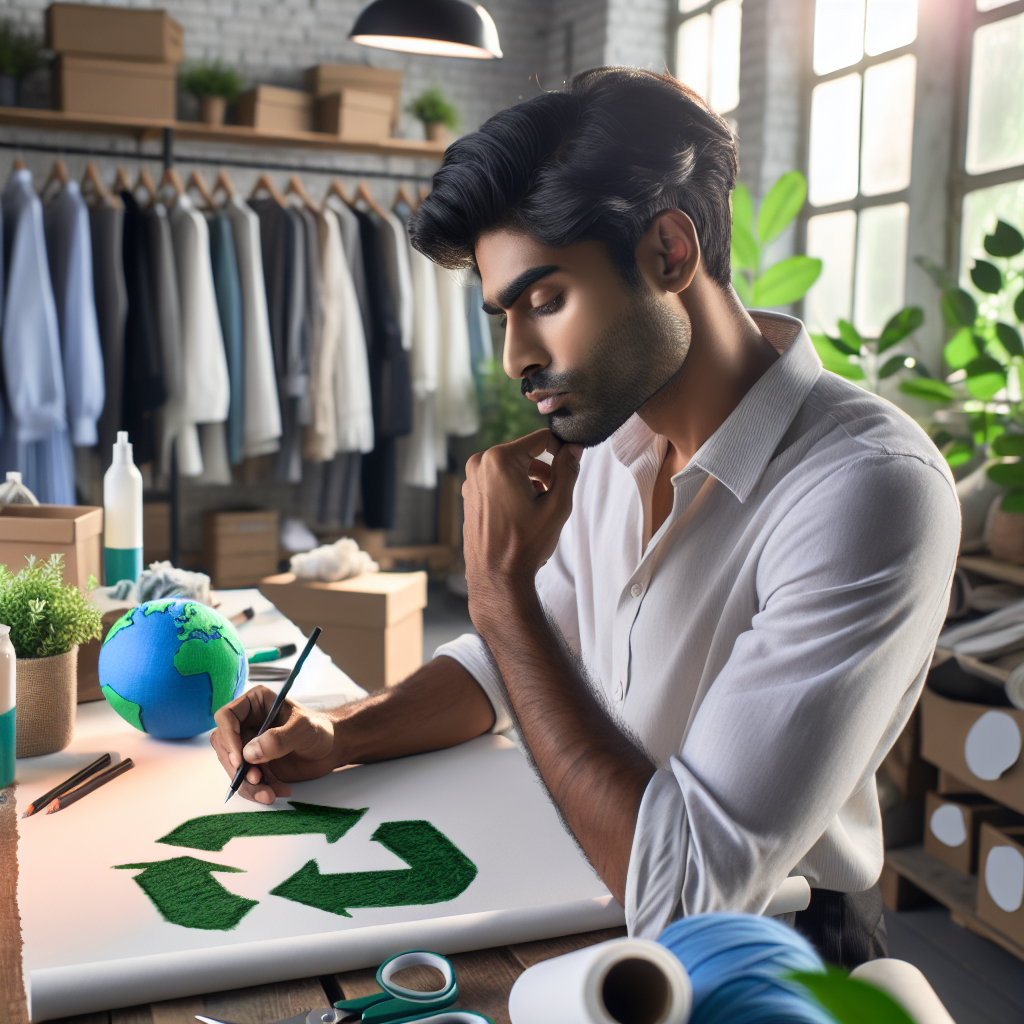 A cinematic editorial photo of a fashion designer thoughtfully sketching sustainable clothing concepts in a bright studio filled with eco-friendly fabrics and minimalistic garments, juxtaposed with a backdrop of crowded inventory shelves, symbolizing the tension between profitability and environmental responsibility.