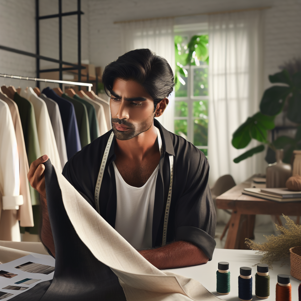 A cinematic editorial photograph of a fashion designer thoughtfully examining sustainable fabric samples in a stylish studio, surrounded by eco-friendly garments and natural light, symbolizing the balance between profitability and sustainability in the future of fashion.