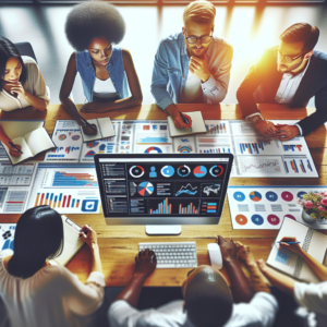 A dynamic overhead view of a diverse marketing team collaborating around a large digital dashboard filled with social media analytics, vibrant charts, and content calendars in a modern, sunlit office, capturing focused expressions and the energetic atmosphere of strategic planning in social media marketing.