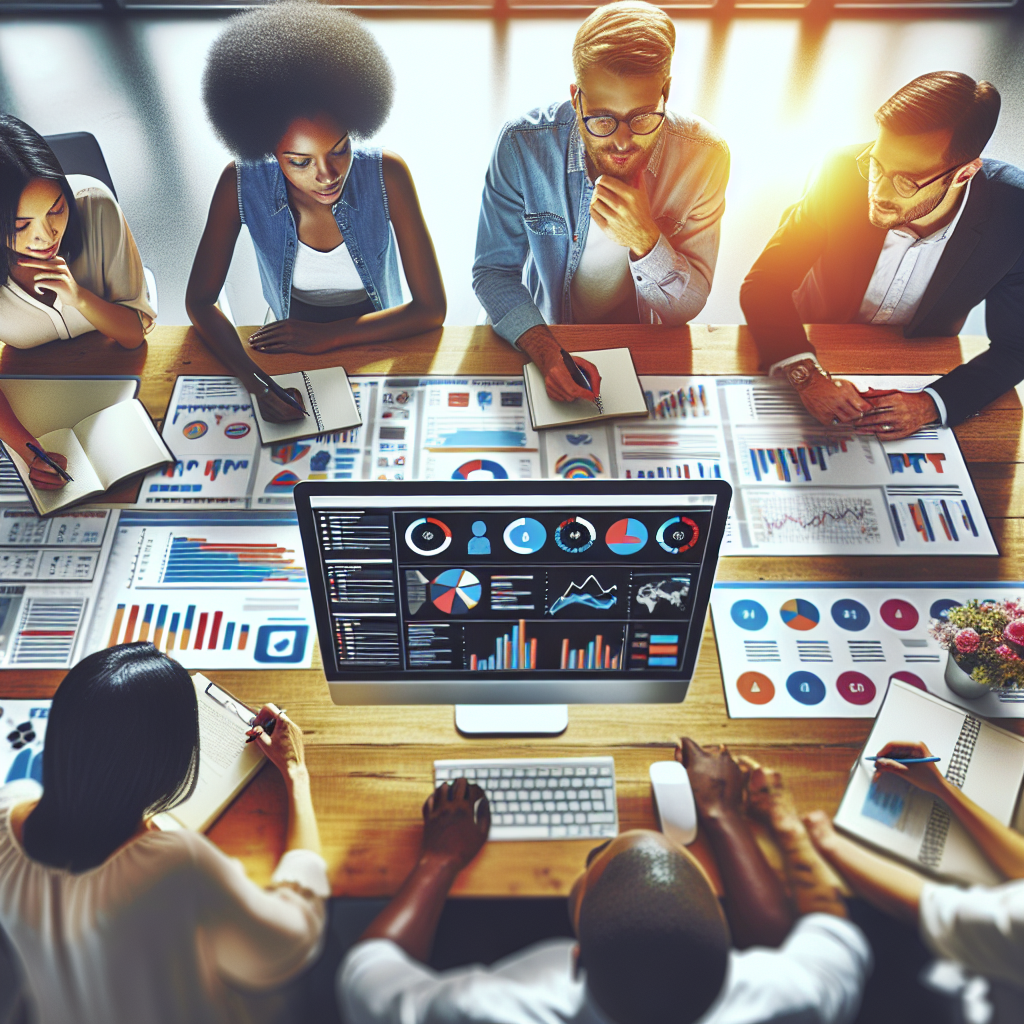 A dynamic overhead view of a diverse marketing team collaborating around a large digital dashboard filled with social media analytics, vibrant charts, and content calendars in a modern, sunlit office, capturing focused expressions and the energetic atmosphere of strategic planning in social media marketing.