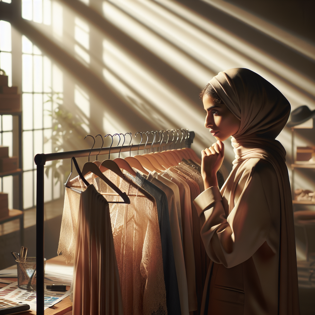 A cinematic editorial photo of a fashion designer in a modern studio thoughtfully examining a limited rack of stylish, high-quality garments under warm, natural light, with contrasting shadows hinting at environmental concern and the tension between creativity, sustainability, and profitability in the fashion industry.