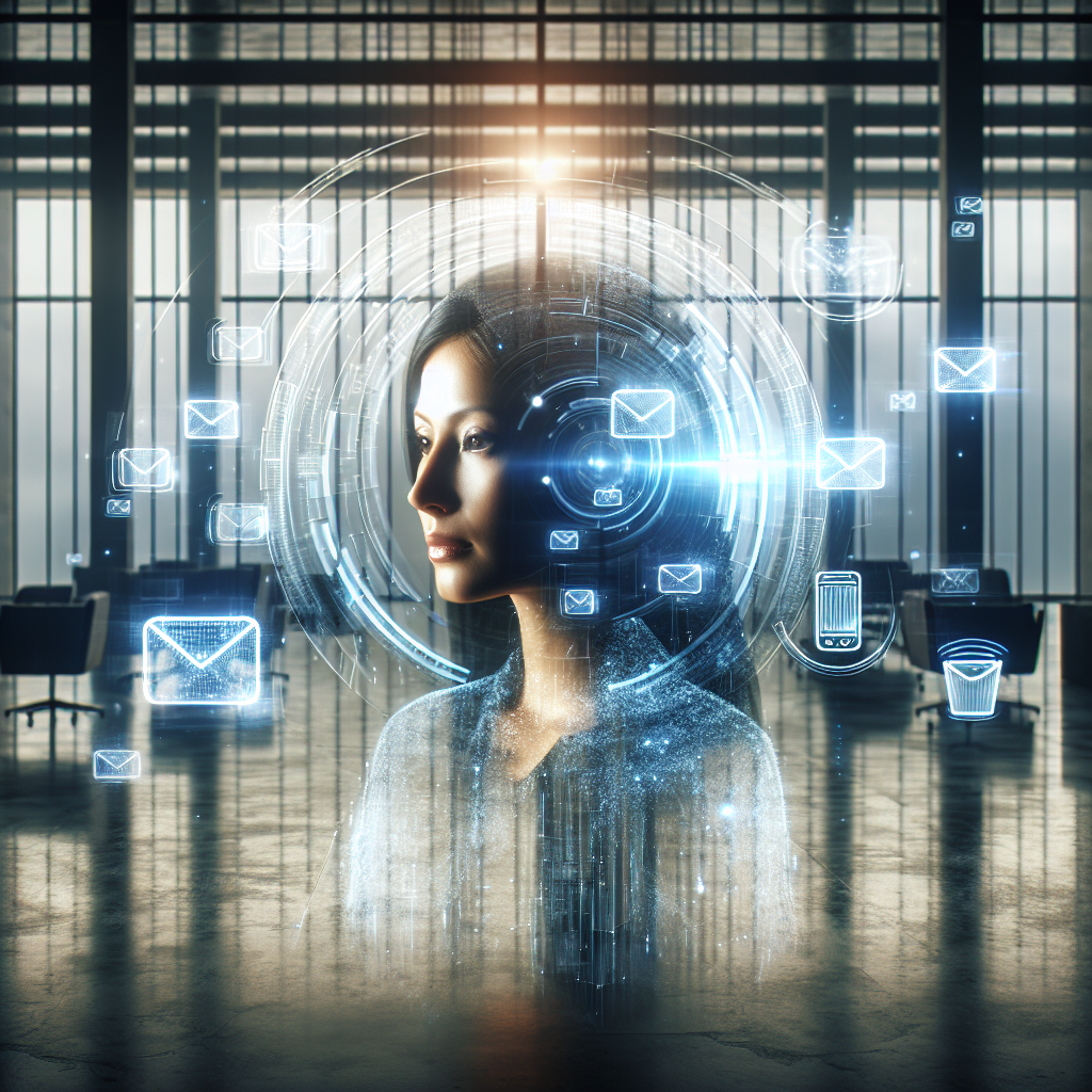 A cinematic editorial image of a thoughtful digital marketer in a dimly lit modern office, surrounded by transparent floating holographic email icons and AI data visualizations, symbolizing the blend of human oversight and artificial intelligence shaping the future of personalized email campaigns.